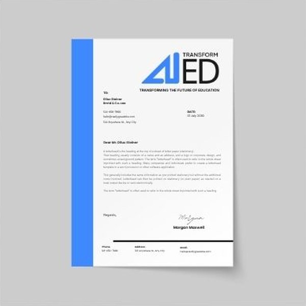 AI-TransformED letterhead with the logo and a blue side band