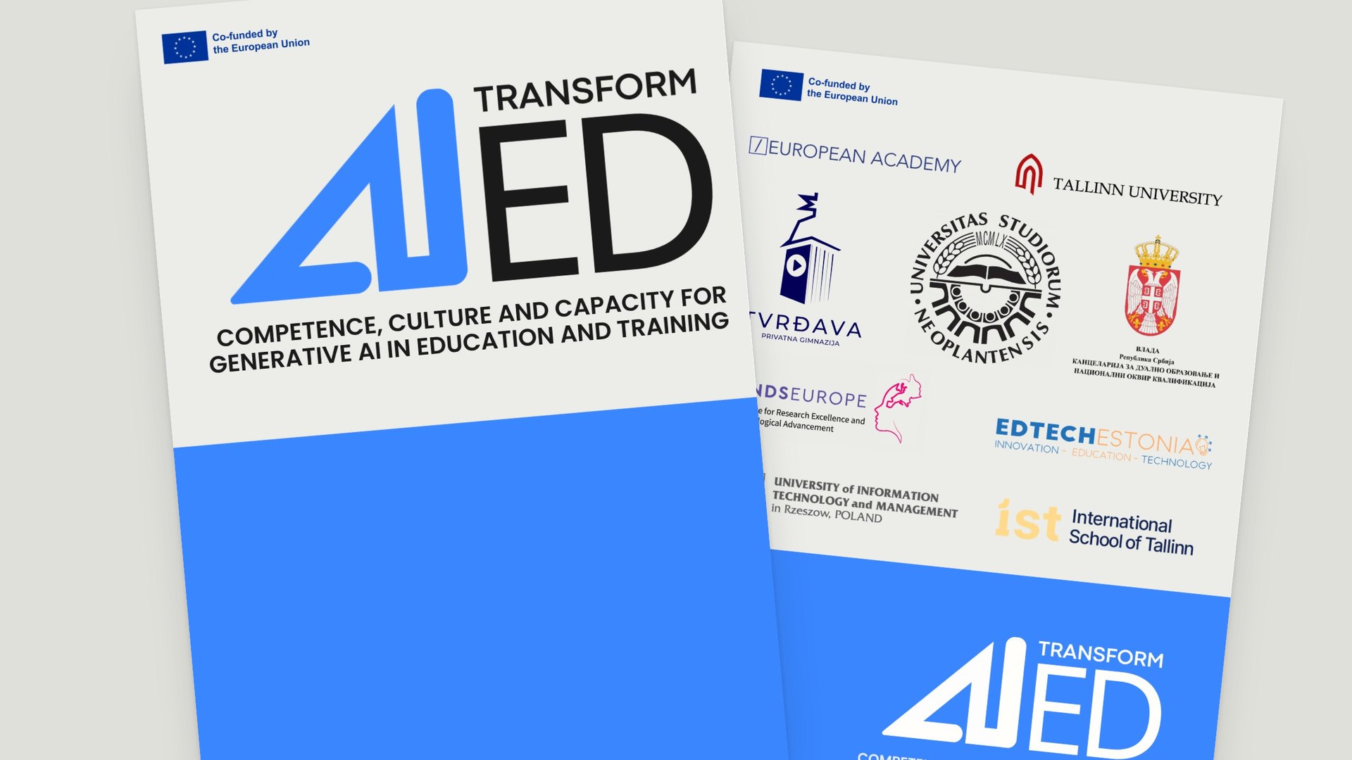 The AI-TransformED report cover in blue and white, beside the page of partner logos