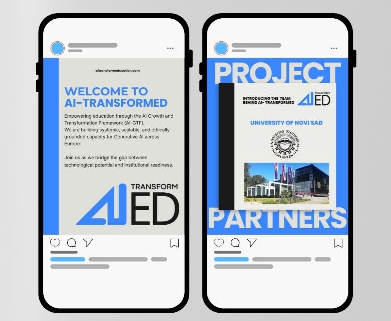 Two social media posts on phones: a welcome post and a post introducing a project partner