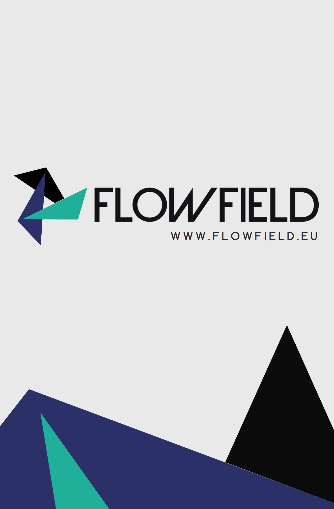 The shared front of the Flowfield business cards: logo, web address and a navy and teal shape