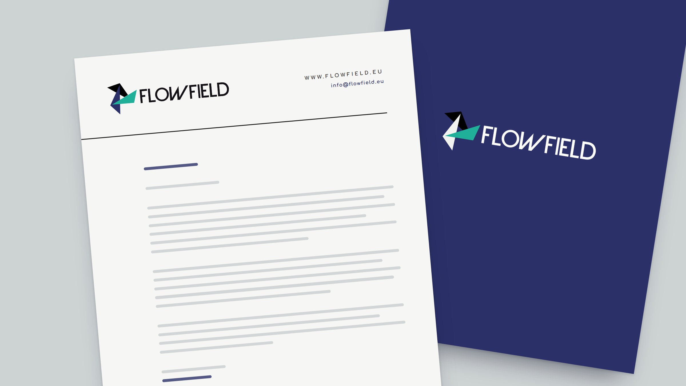 Flowfield letterhead and a navy folder with the white logo