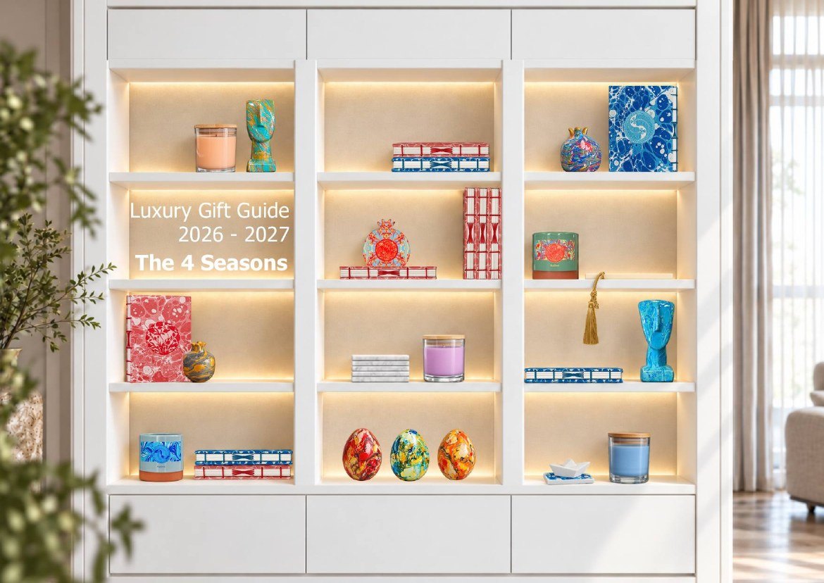Gift guide cover: 'Luxury Gift Guide 2026–2027, The 4 Seasons', shelves of marbled objects