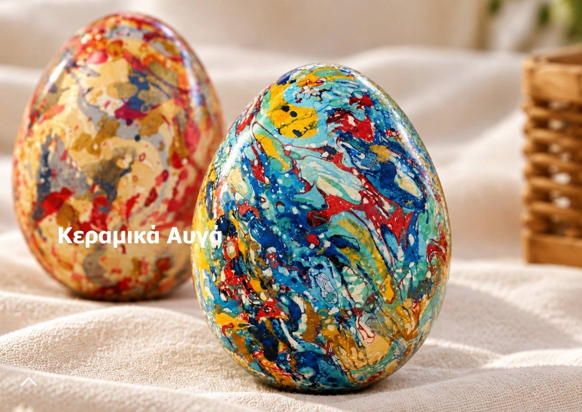 Gift guide page for ceramic eggs: two eggs marbled in red, yellow and blue