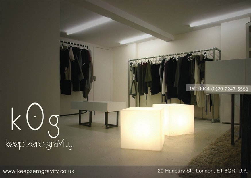 Flyer: the shop interior with glowing cube seats and the k0g logo