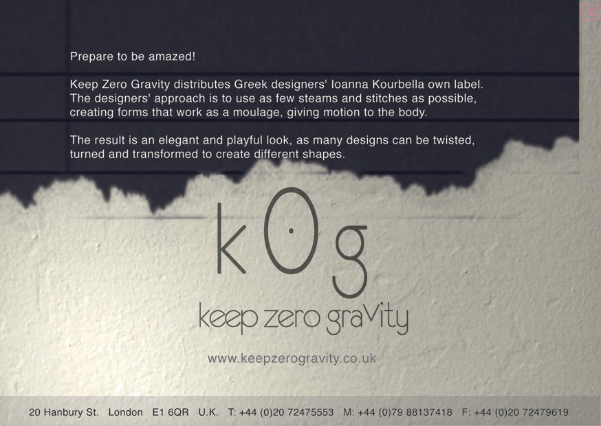 Flyer: the k0g logo on a plaster texture with a short text about the designer Ioanna Kourbela