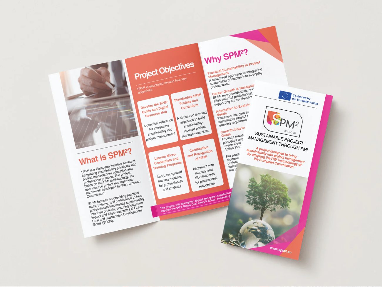 The SPM² brochure open, with sections on the project objectives
