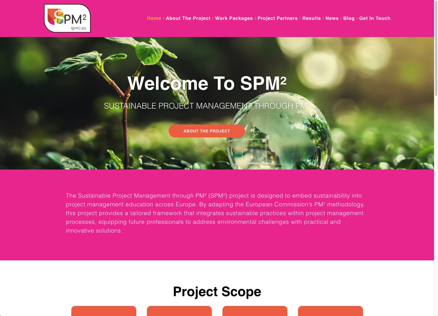 The SPM² website: 'Welcome to SPM²' over a seedling, in pink and orange