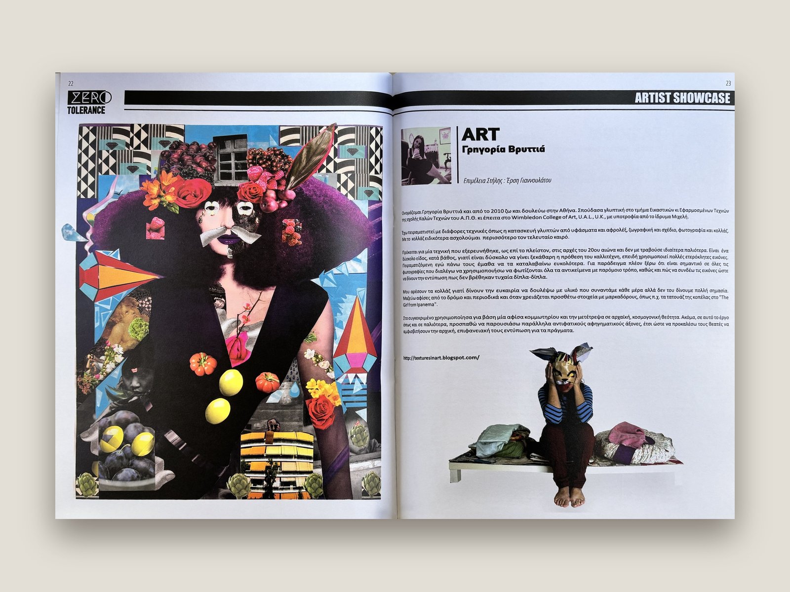 The Artist Showcase spread: a colourful collage of a woman in a flower crown