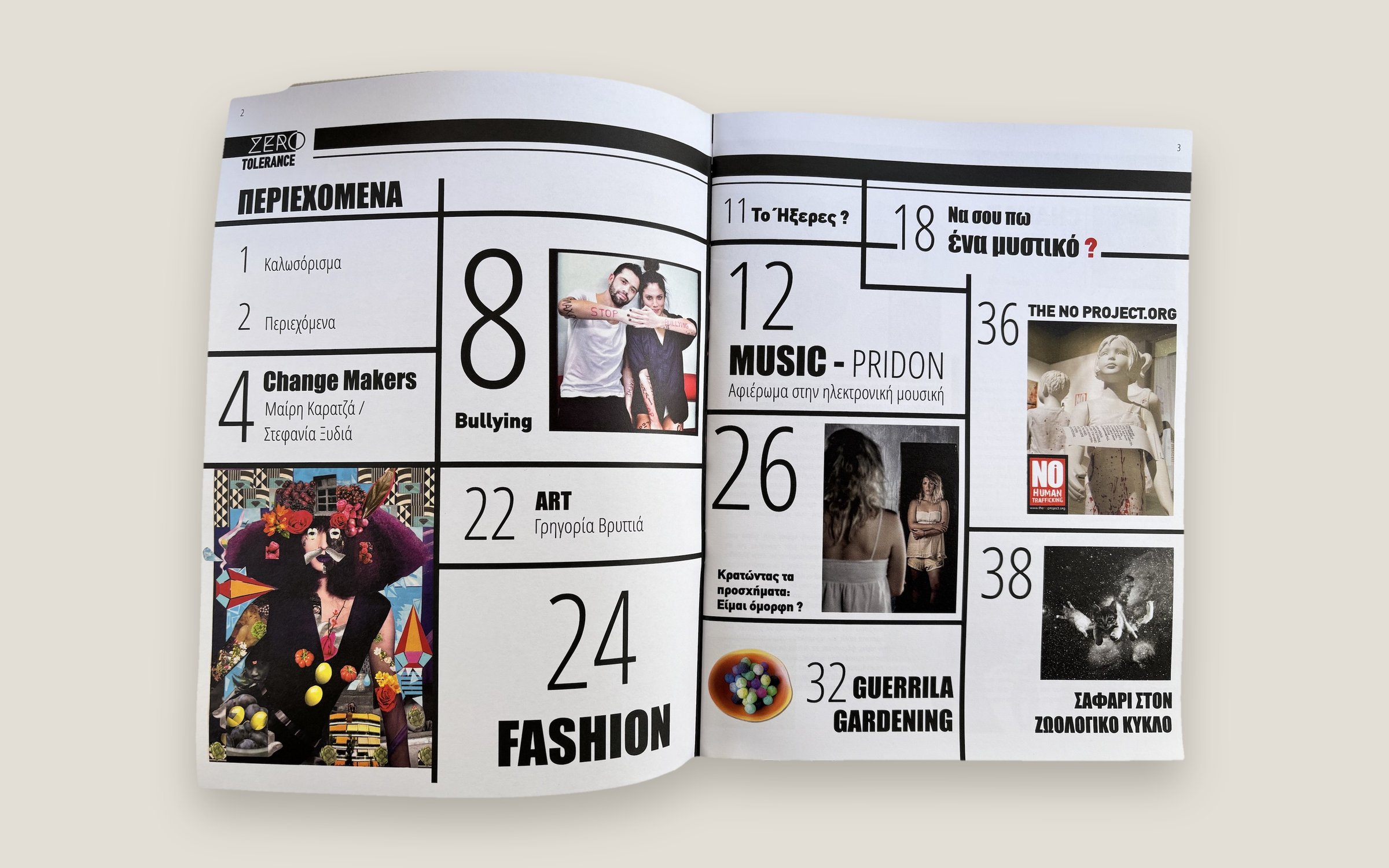 The contents spread, with numbered sections such as Bullying, Art, Music and Fashion